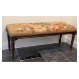 LL - Vintage Needlepoint Top Wood Bench, Carved Frame