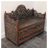 LL - Vintage Southeast Asian Carved Wood Storage Bench
