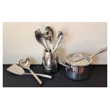 ML - Williams-Sonoma Stainless Steel Thermo-Clad 3 Qt Sauce Pan with Lid & Utensil Set - Italy