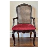UP3 - Vintage Cane-Back Arm Chair with Maroon Upholstery