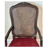 UP3 - Vintage Cane-Back Arm Chair with Maroon Upholstery