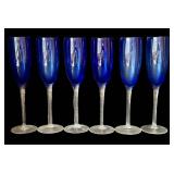 K - Blue Flute Champagne Glasses Set of 6 - 10 in Tall with Clear Stems