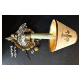 K - Vintage Fleur-de-Lis Brass Wall Sconce with Glass Shade - Parts Missing