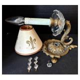 K - Vintage Fleur-de-Lis Brass Wall Sconce with Glass Shade - Parts Missing