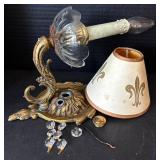 K - Vintage Fleur-de-Lis Brass Wall Sconce with Glass Shade - Parts Missing