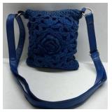 Blue Crochet Crossbody Bag Floral Knit Purse Adjustable Strap