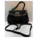 Coach Signature Black Shoulder Bag Canvas Leather Trim Buckle Flap Purse
