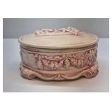 Vintage Relief Cherub Trinket Box Pink White Ceramic Decorative Lidded Dish