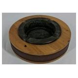 Vintage Wooden Ashtray Metal Insert Round Mid Century Tabletop Smoking Dish