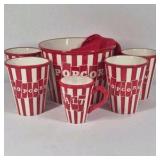 Popcorn Snack Serving Set Red White Striped Bowl Cups Salt Mug Ceramic