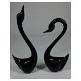 Glass Swan Figurines Black Art Glass Pair Decorative Birds With Box