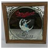 Miller High Life Beer Mirror Girl on Moon Wood Frame Bar Sign Vintage