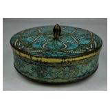 Vintage Daher Decorated Ware Metal Tin Lidded Trinket Box Floral Scroll Blue Gold
