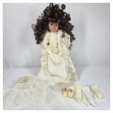 The Brass Key Porcelain Doll Victorian Dress Curly Hair Collectible w Accessories