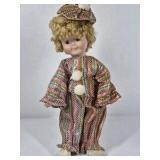 Vintage Clown Doll Curly Blonde Hair Porcelain Face Colorful Costume Collectible