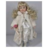 Fine Porcelain Treasures In Lace Doll Blonde Hair White Outfit Fur Coat Rose Collectible