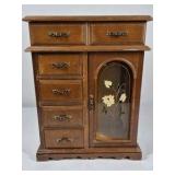 Wood Jewelry Armoire Cabinet Mirror Top Drawers Floral Glass Door Necklace Storage