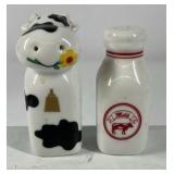 Ceramic Cow Creamer and Milk Bottle Salt Pepper Shakers Farm Kitchen Set