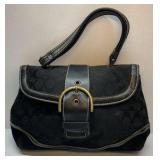 Coach Signature Black Shoulder Bag Canvas Leather Trim Buckle Flap Purse