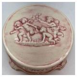 Vintage Relief Cherub Trinket Box Pink White Ceramic Decorative Lidded Dish