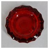 Vintage Ruby Red Glass Ashtray Eagle Motif Pressed Glass Heavy Round