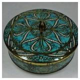 Vintage Daher Decorated Ware Metal Tin Lidded Trinket Box Floral Scroll Blue Gold