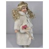 Fine Porcelain Treasures In Lace Doll Blonde Hair White Outfit Fur Coat Rose Collectible