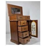 Wood Jewelry Armoire Cabinet Mirror Top Drawers Floral Glass Door Necklace Storage