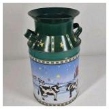 Holiday Winter Scene Metal Milk Can Style Container with Lid Decorative Tin