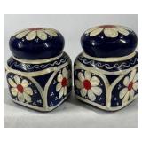Hand Painted Ceramic Salt Pepper Shakers Blue Floral Daisy Pattern Set