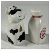Ceramic Cow Creamer and Milk Bottle Salt Pepper Shakers Farm Kitchen Set