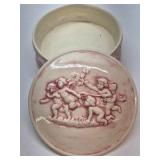Vintage Relief Cherub Trinket Box Pink White Ceramic Decorative Lidded Dish