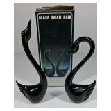 Glass Swan Figurines Black Art Glass Pair Decorative Birds With Box