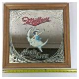 Miller High Life Beer Mirror Girl on Moon Wood Frame Bar Sign Vintage