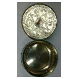 Vintage Daher Decorated Ware Metal Tin Lidded Trinket Box Floral Scroll Blue Gold