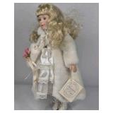 Fine Porcelain Treasures In Lace Doll Blonde Hair White Outfit Fur Coat Rose Collectible