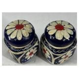 Hand Painted Ceramic Salt Pepper Shakers Blue Floral Daisy Pattern Set