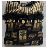 Vintage Style Fabric Shoulder Bag Camel Palm Tree Print Fringe Trim Purse