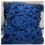 Blue Crochet Crossbody Bag Floral Knit Purse Adjustable Strap