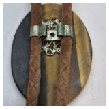 Vintage Bolo Tie Tiger Eye Stone Western Cord Necklace Gold Tone Tips