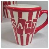 Popcorn Snack Serving Set Red White Striped Bowl Cups Salt Mug Ceramic