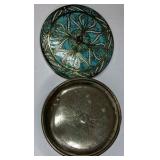 Vintage Daher Decorated Ware Metal Tin Lidded Trinket Box Floral Scroll Blue Gold