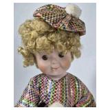 Vintage Clown Doll Curly Blonde Hair Porcelain Face Colorful Costume Collectible