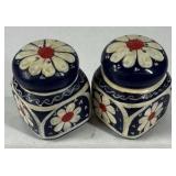 Hand Painted Ceramic Salt Pepper Shakers Blue Floral Daisy Pattern Set