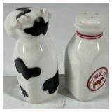 Ceramic Cow Creamer and Milk Bottle Salt Pepper Shakers Farm Kitchen Set