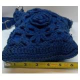 Blue Crochet Crossbody Bag Floral Knit Purse Adjustable Strap