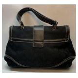 Coach Signature Black Shoulder Bag Canvas Leather Trim Buckle Flap Purse