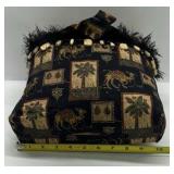 Vintage Style Fabric Shoulder Bag Camel Palm Tree Print Fringe Trim Purse