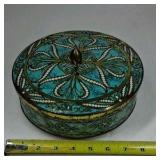 Vintage Daher Decorated Ware Metal Tin Lidded Trinket Box Floral Scroll Blue Gold