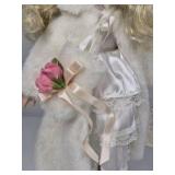 Fine Porcelain Treasures In Lace Doll Blonde Hair White Outfit Fur Coat Rose Collectible